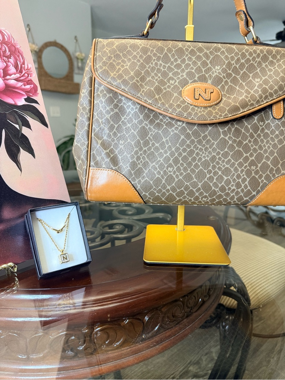 Nina Ricci Vintage Monogram Satchel and Nina Ricci gold tone Necklace set - Picture 3 of 12